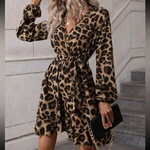 Boho leopard print ruffle trim wrap belted mini dress
